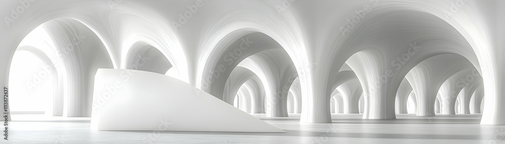 Poster abstract white architecture with arches and a minimalist platform.