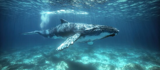 Naklejka premium Underwater humpback whale gracefully swimming in the ocean.