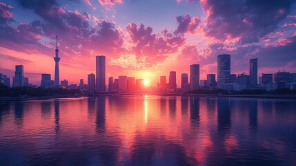 Naklejka premium Vibrant sunset over a city skyline reflected in calm water.