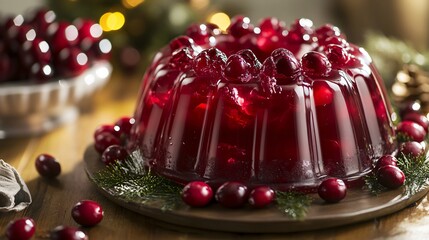 Rustic presentation of a jello cake in a bundt mold, styled with fresh cranberries and holiday-themed decorations