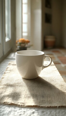 Fototapeta premium A white mug sits on a linen placemat in sunlit room.