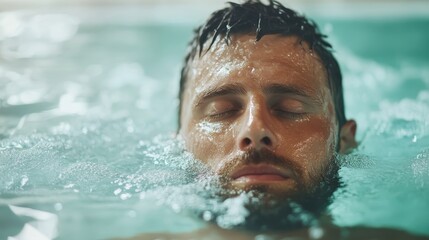 Fototapeta premium A man with a beard peacefully floats in water with his eyes gently closed, embodying calmness and introspection amidst aqua glistening waves.