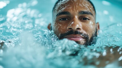 Fototapeta premium A man with a beard is swimming in clear water, creating ripples. His expression is calm and focused, emphasizing determination and concentration.