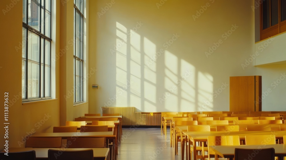 Poster sunlit room with rows of empty wooden tables and chairs