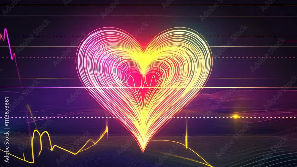Poster brightly colored heart graphic with pulsating lines representing emotions and vitality in a digital 