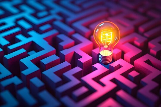 A colorful glowing light bulb standing in the middle of a maze. A new idea for a Business represented by a colorful light bulb. Business and Economy Concept.