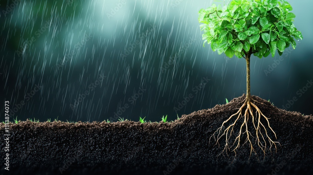 Poster Illustrating the relationship between environmental elements a conceptual diagram of tree growth nature infographic style dark forest background conceptual link between standard practices