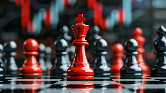 A striking red chess king contrasts against black pieces, symbolizing strategy and competition in a dynamic game.