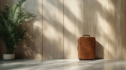 A stylish brown suitcase stands beside a leafy plant bathed in sunlight, illustrating the fusion of travel and nature in a sleek, modern setting.