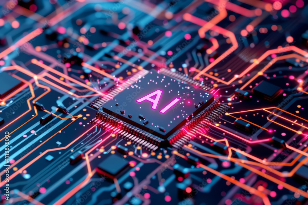 Poster futuristic ai technology concept featuring microchip on circuit board with vibrant colors and glowin