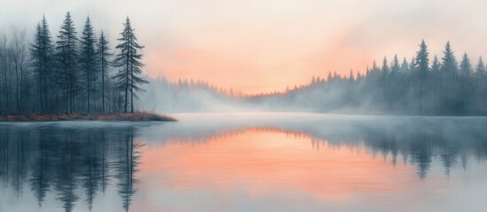 Fototapeta premium Serene sunrise over misty lake with pine trees reflecting in calm water.