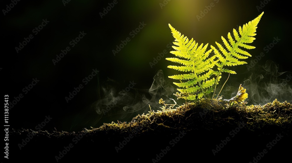 Aufkleber Captivating closeup of a fern leaf embraced by mist in a lush forest setting nature photography tranquil environment macro viewpoint for enhanced visual appeal