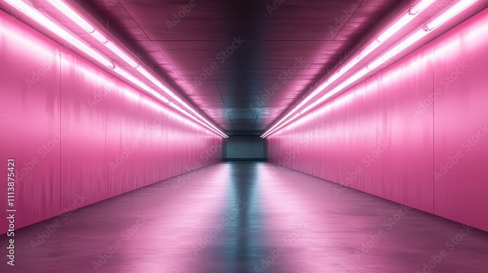 Poster a vibrant long tunnel illuminated with pink neon lights casting reflections on the smooth floor, cre