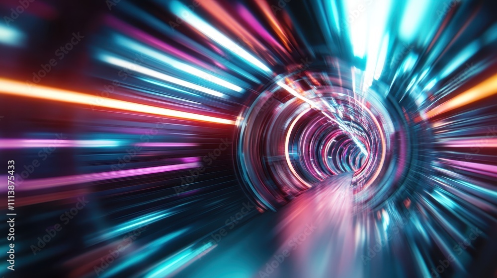 Poster a stunning futuristic motion effect captured in a tunnel of multicolor neon lights, creating a sense