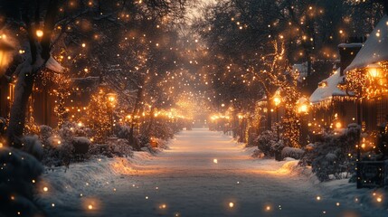 Naklejka premium Magical snow-covered street at night with warm lights.