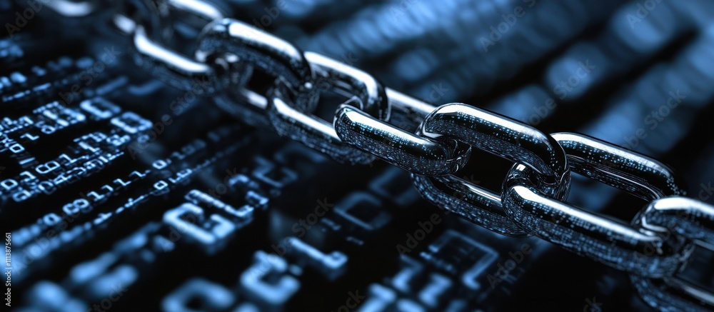 Poster a close-up of a metallic chain overlaid on a digital binary background, symbolizing security.