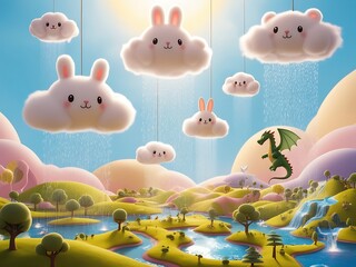 Whimsical Bunny Cloud Rain Over Fantasy Landscape