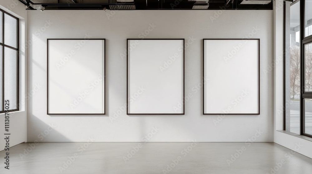 Poster a minimalist gallery space with three empty frames awaiting artwork.