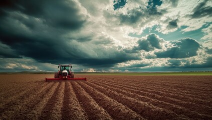 Tractor Plowing a Field Under a Dramatic Sky