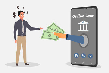 Businessman borrowing money through an online loan application on a smartphone. Financial lending by mobile application. Vector illustration.