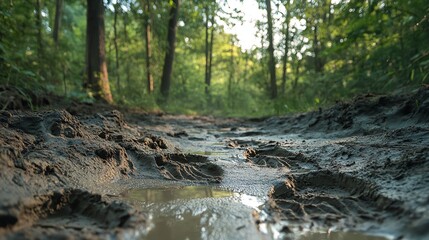 A muddy path in a forest.