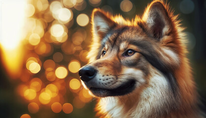 Naklejka premium Wolf with golden fur gazing into the distance under warm light with a soft bokeh background, symbolizing strength and wilderness