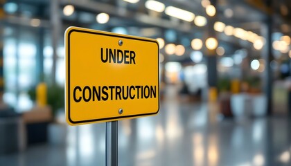 Only focus of an under construction sign board inside a building with blurred background