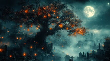 Mystical night scene of glowing lanterns illuminating a graveyard under a full moon.