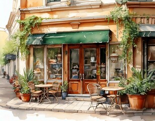 Fototapeta premium watercolor picture of A quaint coffee shop exterior with a hanging sign, outdoor seating, and potted plants