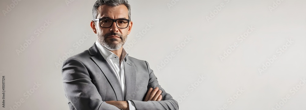 Poster a middle-aged man in a tailored gray suit, arms crossed, standing on a white background with large e