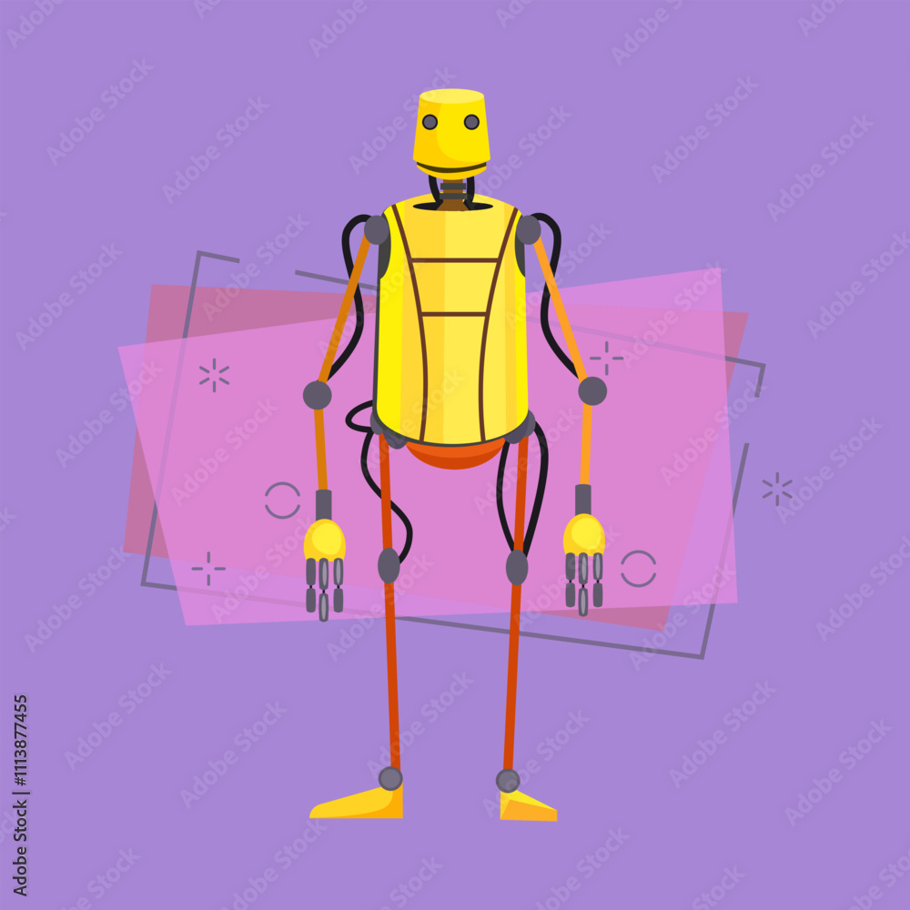 Poster humanoid robot cartoon illustration. yellow cyborg with cords built to resemble human body. robotics