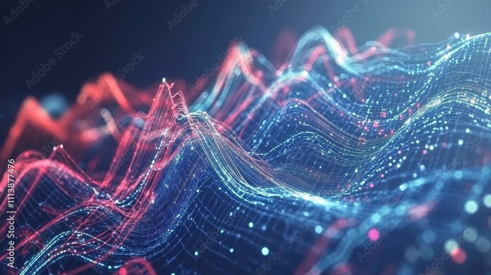 Poster vibrant data visualization: cascading waves of information