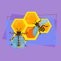 Honeycomb cartoon illustration. Couple of flying bees. Honey concept. Vector illustration can be used for topics like organic food, apiculture, beekeeping
