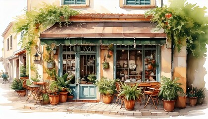 Obraz premium watercolor picture of A quaint coffee shop exterior with a hanging sign, outdoor seating, and potted plants