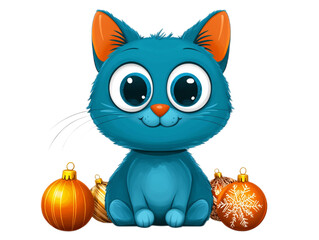 Cute Blue Cartoon Cat with Christmas Ornaments and Decorations