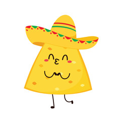 Nachos Characters with Mexican hat. Nice Mexican food. Nachos chips in sombreros and maracas hats. Vector illustration.