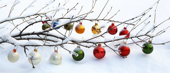 A picturesque holiday scene with tree branches blanketed in snow, adorned with colorful Christmas bells, all set against a bright white background for a simple yet festive vibe.