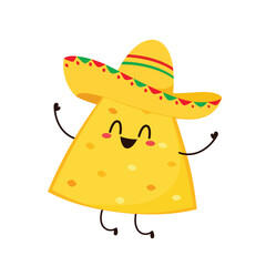 Nachos Characters with Mexican hat. Nice Mexican food. Nachos chips in sombreros and maracas hats. Vector illustration.