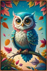 Obraz premium Colorful Owl Perched Vibrant Leaves Autumn Nature Art