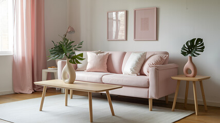 Fototapeta premium Pastel Pink Living Room with Minimalist Decor