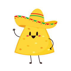 Nachos Characters with Mexican hat. Nice Mexican food. Nachos chips in sombreros and maracas hats. Vector illustration.