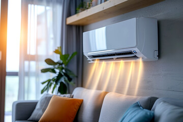 Fototapeta premium Modern air conditioner in a modern interior of a house or apartment. Air conditioning and ventilation equipment