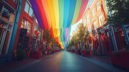 Obraz premium Rainbow flag draped over a vibrant city street, showcasing diverse crowds enjoying the festive atmosphere.