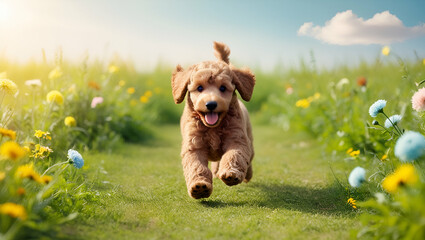 a cheerful light brown poodle puppy sprinting through a sunlit meadow, radiating happiness and excitement as it runs toward the viewer.