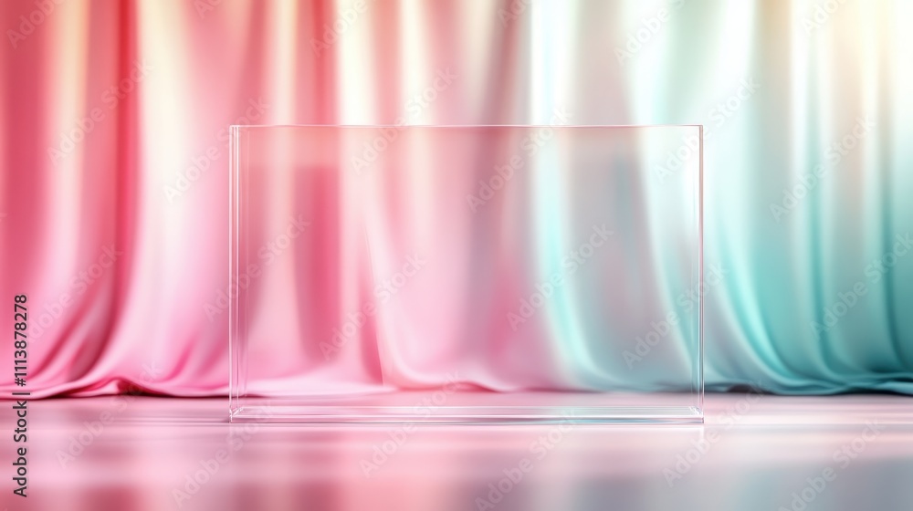 Poster a minimal transparent box stands before a backdrop of flowing pink and teal curtains, creating a dre
