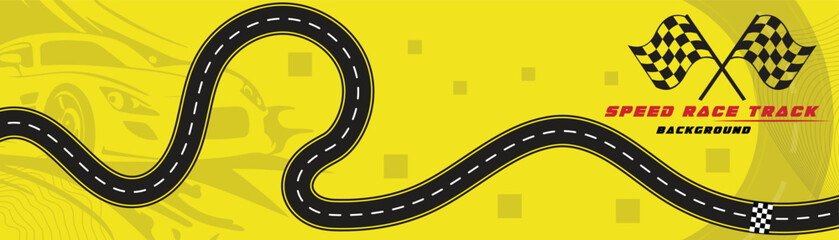 Creative vector illusion of race track isolated on yellow background. Speed race track background design with sport car.
