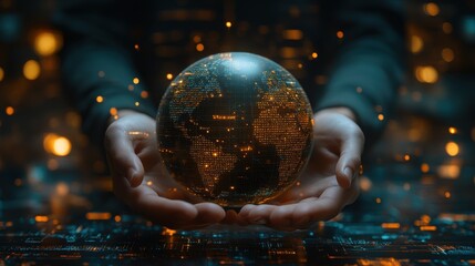 Fototapeta premium Hands cradling a digital globe encircled by futuristic holographic data and elements, symbolizing global technology, data-driven insights, and advanced digital connectivity