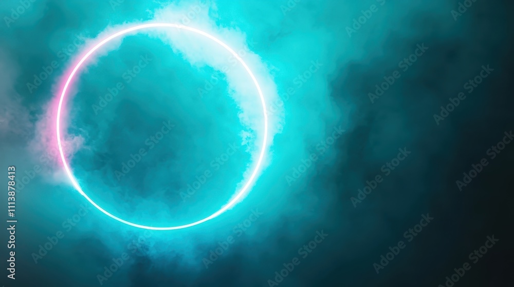 Poster a vibrant neon circle is set against a backdrop of fluffy clouds, creating an ethereal and dreamlike