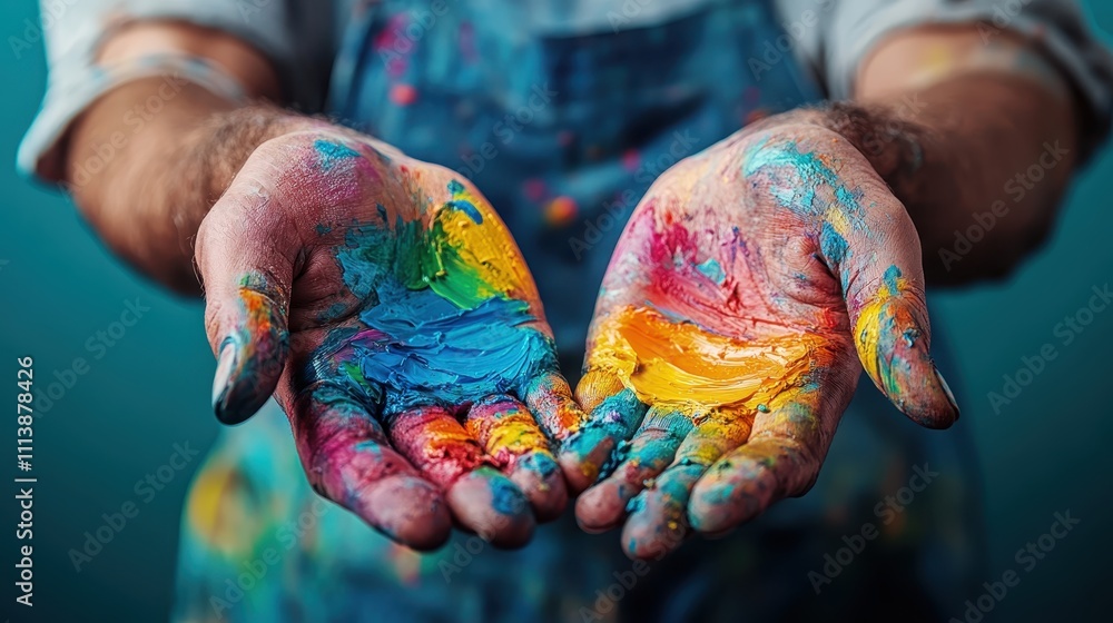 Poster vibrant colors of wet paint on hands, blending and mixing different hues, symbolizing creativity and