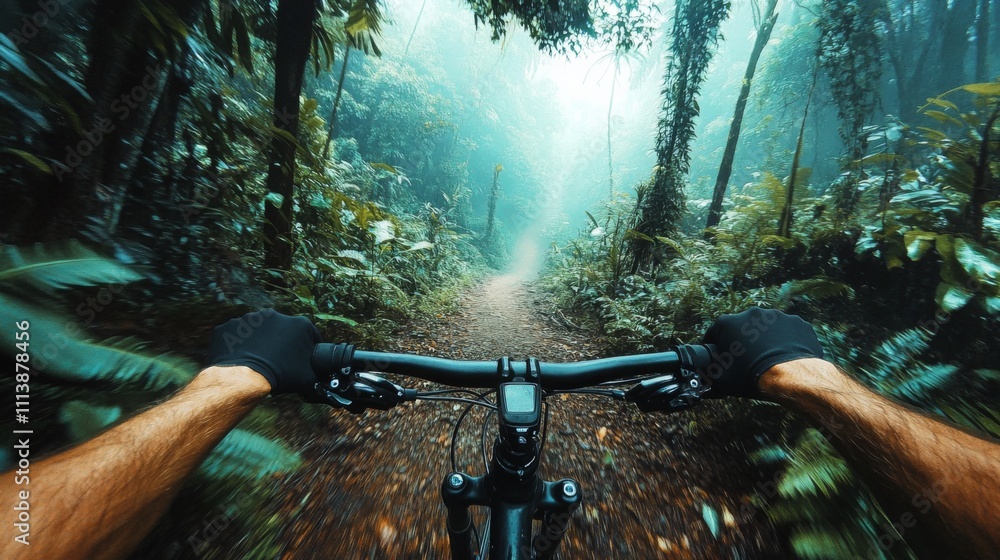 Poster a cyclist navigates a narrow forest path with lush greenery and mist enveloping the surroundings.